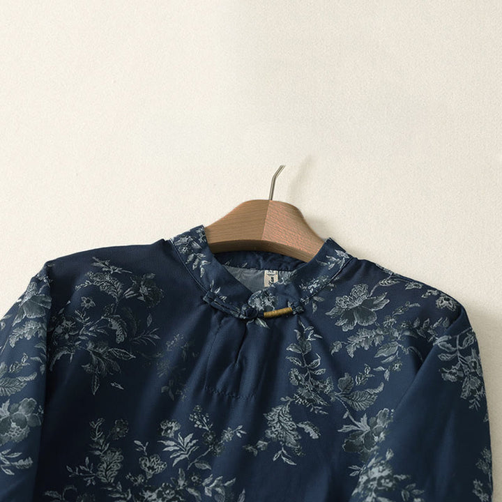 Buddha Stones Stand Collar Frog-Button Floral Print Pattern Short Sleeve Mini Dress - image 4