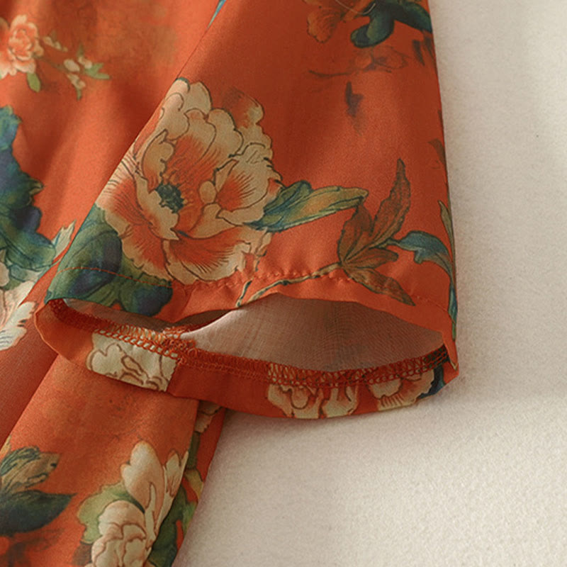 Buddha Stones Stand Collar Frog-Button Floral Print Pattern Short Sleeve Mini Dress - image 13