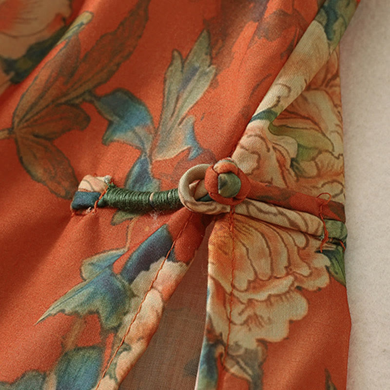 Buddha Stones Stand Collar Frog-Button Floral Print Pattern Short Sleeve Mini Dress - image 12