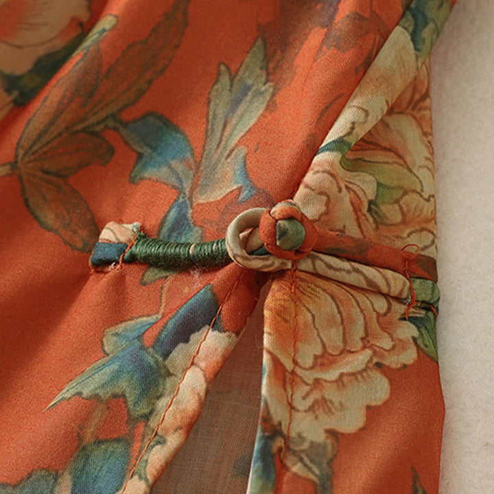 Buddha Stones Stand Collar Frog-Button Floral Print Pattern Short Sleeve Mini Dress - image 12