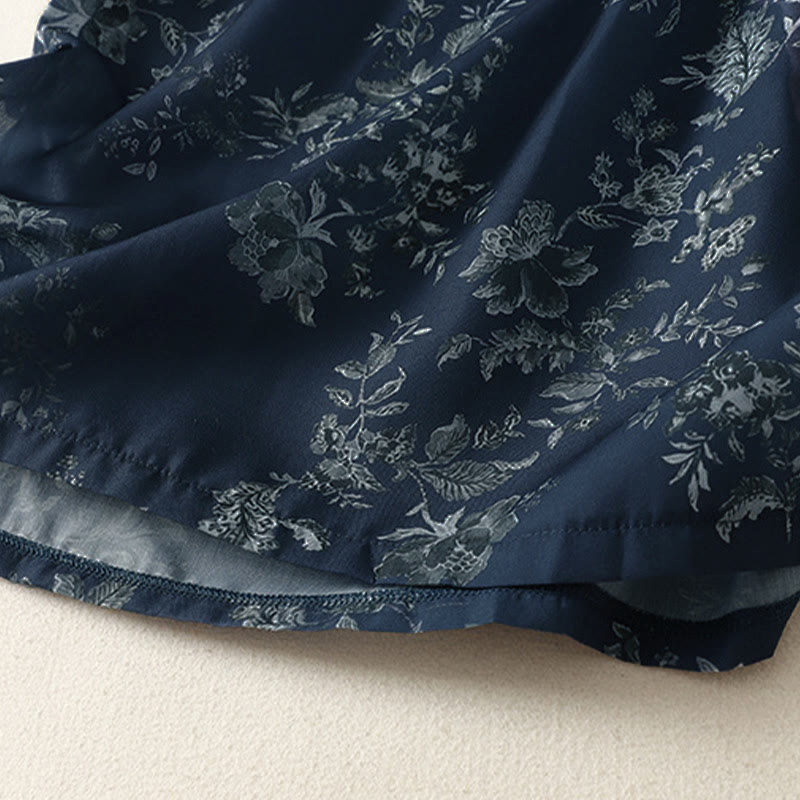 Buddha Stones Stand Collar Frog-Button Floral Print Pattern Short Sleeve Mini Dress - image 7