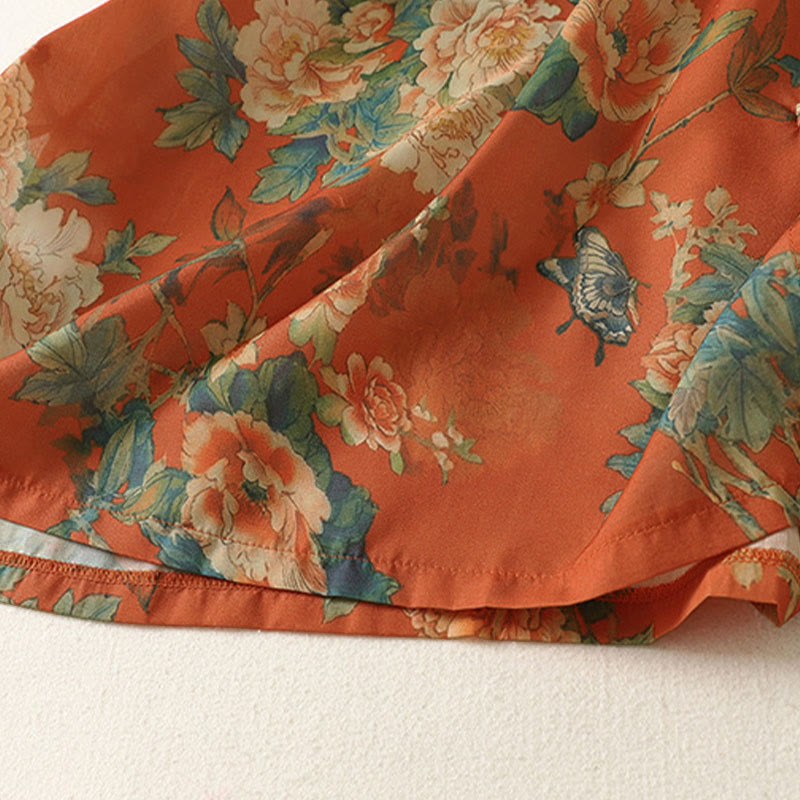 Buddha Stones Stand Collar Frog-Button Floral Print Pattern Short Sleeve Mini Dress - image 14