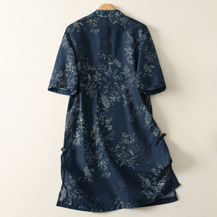 Buddha Stones Stand Collar Frog-Button Floral Print Pattern Short Sleeve Mini Dress - image 1
