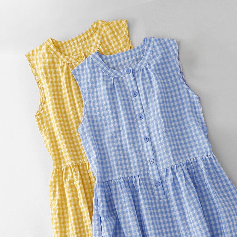 Buddha Stones Crew Neck Sleeveless Plaid Summer Cotton Knee Length Dress - image 20