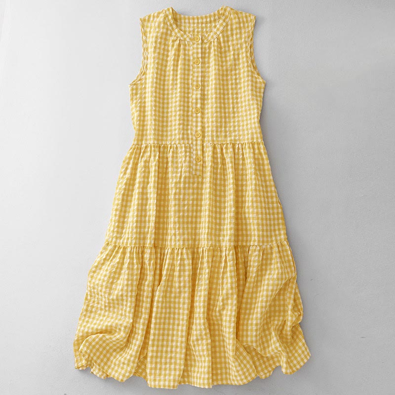 Buddha Stones Crew Neck Sleeveless Plaid Summer Cotton Knee Length Dress - Gold - US12，UK/AU16，EU44 (2XL) - image 0