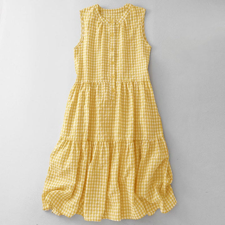 Buddha Stones Crew Neck Sleeveless Plaid Summer Cotton Knee Length Dress - Gold - US12，UK/AU16，EU44 (2XL) - image 0