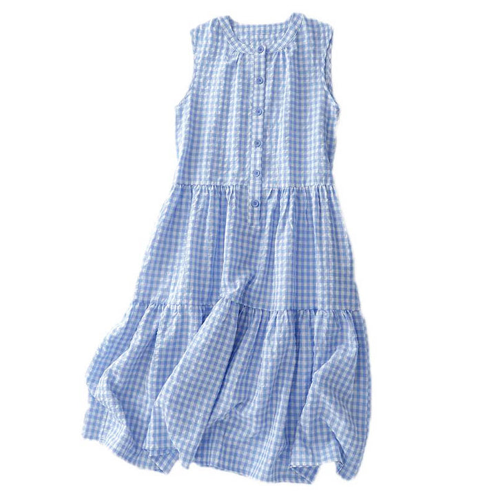 Buddha Stones Crew Neck Sleeveless Plaid Summer Cotton Knee Length Dress - image 9