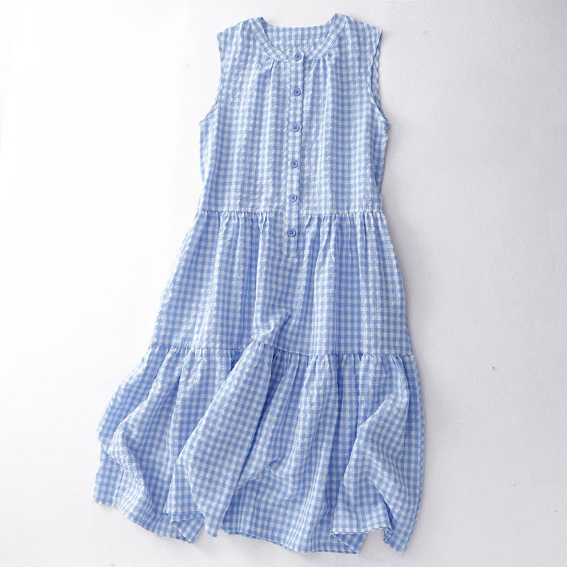 Buddha Stones Crew Neck Sleeveless Plaid Summer Cotton Knee Length Dress - LightSkyBlue - US12，UK/AU16，EU44 (2XL) - image 7