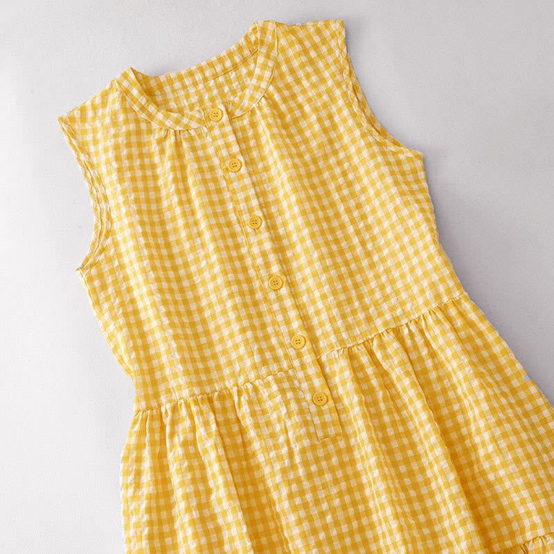 Buddha Stones Crew Neck Sleeveless Plaid Summer Cotton Knee Length Dress - image 1