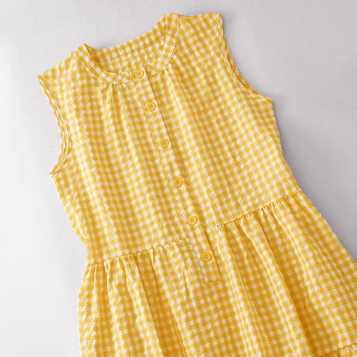 Buddha Stones Crew Neck Sleeveless Plaid Summer Cotton Knee Length Dress - image 1