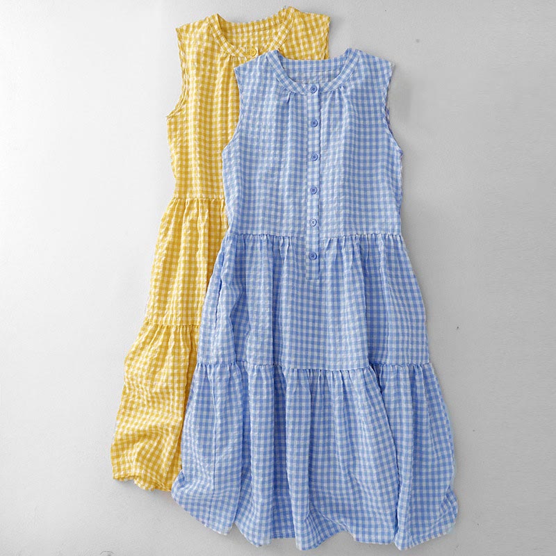 Buddha Stones Crew Neck Sleeveless Plaid Summer Cotton Knee Length Dress - image 19