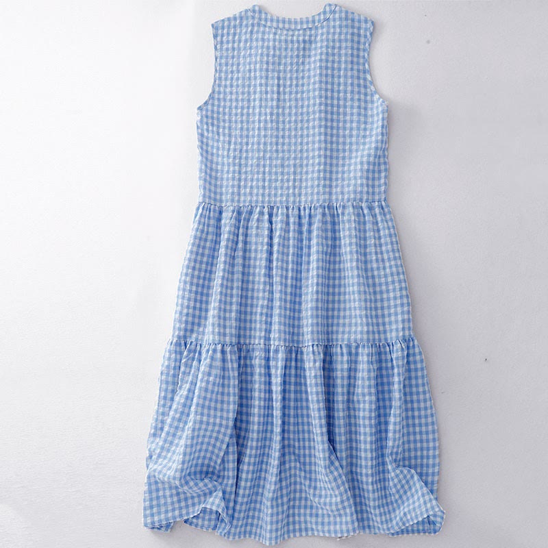 Buddha Stones Crew Neck Sleeveless Plaid Summer Cotton Knee Length Dress - image 8