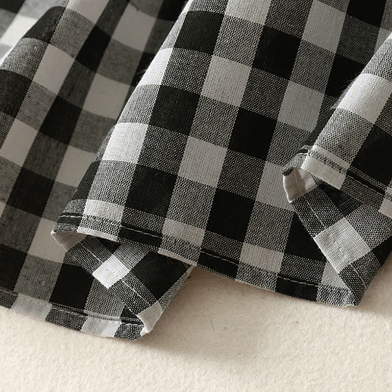 Buddha Stones Casual V-neck Short Sleeve Cotton Plaid Summer Midi Dress - image 7