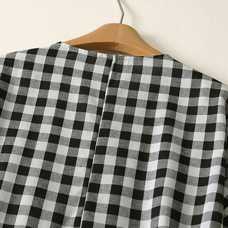 Buddha Stones Casual V-neck Short Sleeve Cotton Plaid Summer Midi Dress - image 4