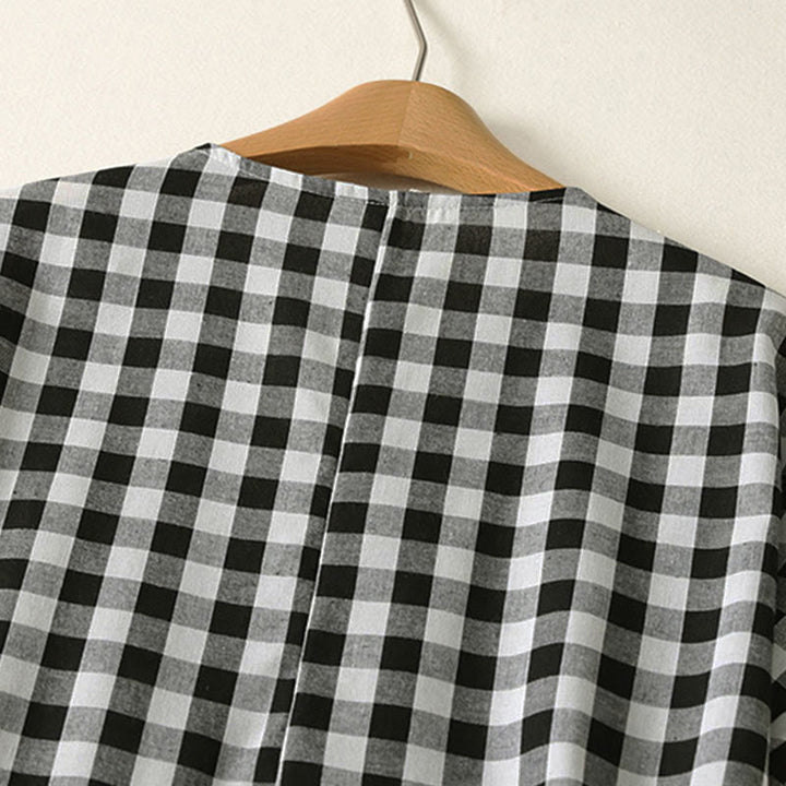 Buddha Stones Casual V-neck Short Sleeve Cotton Plaid Summer Midi Dress - image 4