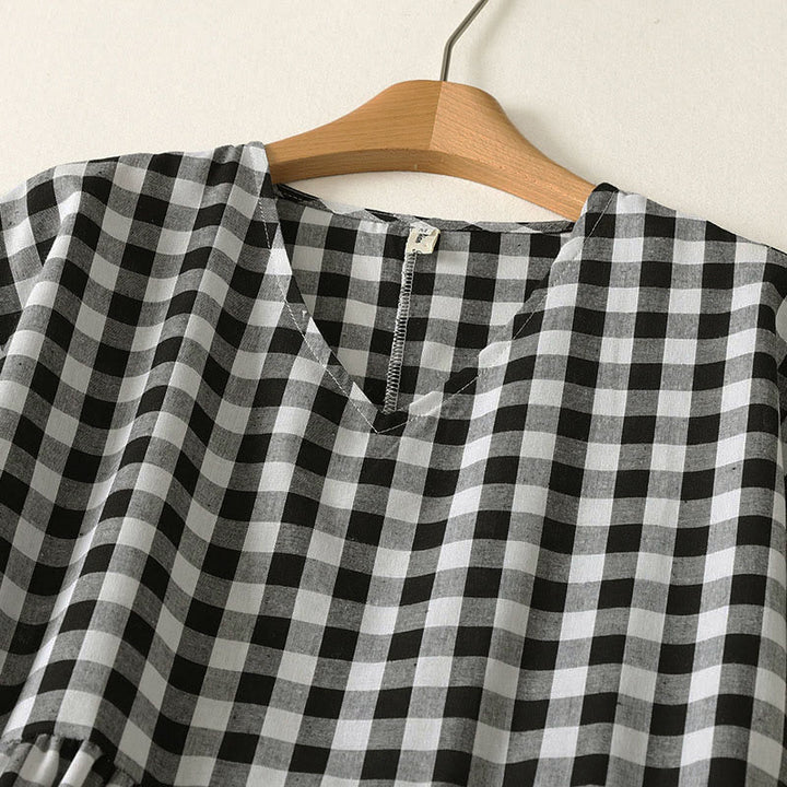 Buddha Stones Casual V-neck Short Sleeve Cotton Plaid Summer Midi Dress - image 2