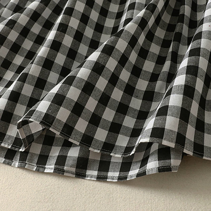 Buddha Stones Casual V-neck Short Sleeve Cotton Plaid Summer Midi Dress - image 6