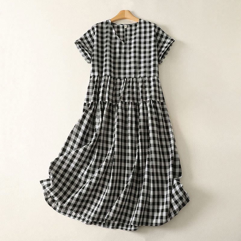 Buddha Stones Casual V-neck Short Sleeve Cotton Plaid Summer Midi Dress - Black - US12，UK/AU16，EU44 (2XL) - image 0