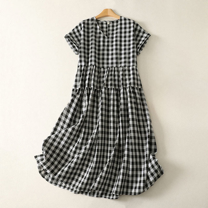 Buddha Stones Casual V-neck Short Sleeve Cotton Plaid Summer Midi Dress - Black - US12，UK/AU16，EU44 (2XL) - image 0