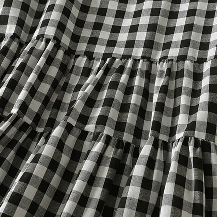 Buddha Stones Casual V-neck Short Sleeve Cotton Plaid Summer Midi Dress - image 5