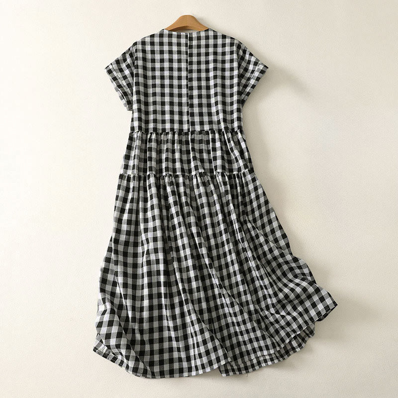 Buddha Stones Casual V-neck Short Sleeve Cotton Plaid Summer Midi Dress - image 1
