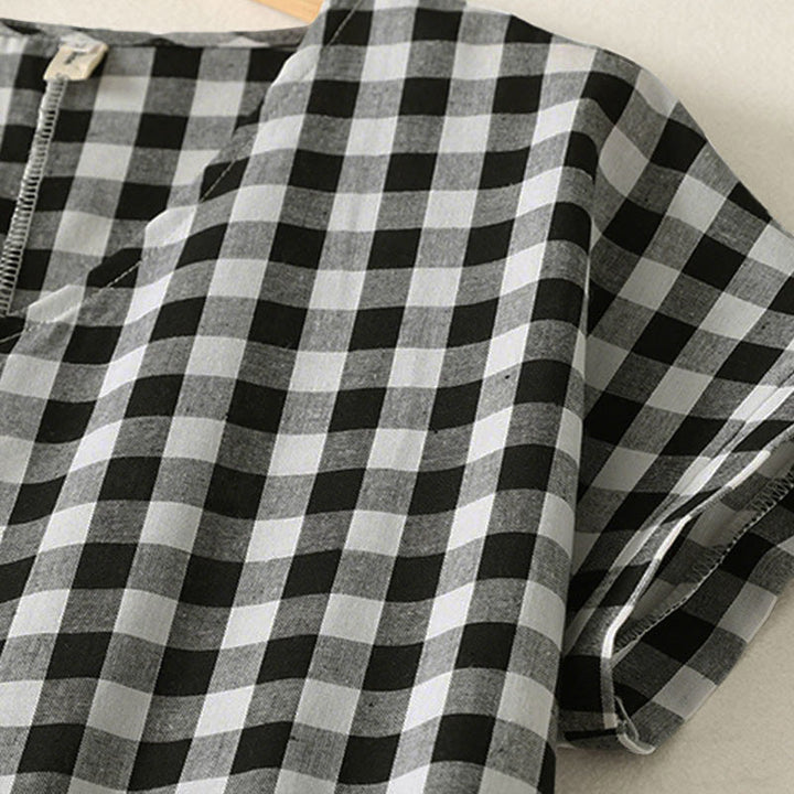 Buddha Stones Casual V-neck Short Sleeve Cotton Plaid Summer Midi Dress - image 3