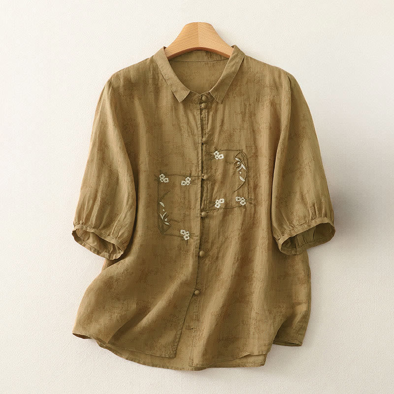 Buddha Stones Stand Collar Embroidery Button Design Three Quarter Sleeve Summer Women's Shirt - Peru - US8-10，UK/AU12-14，EU40-42 (2XL) - image 14