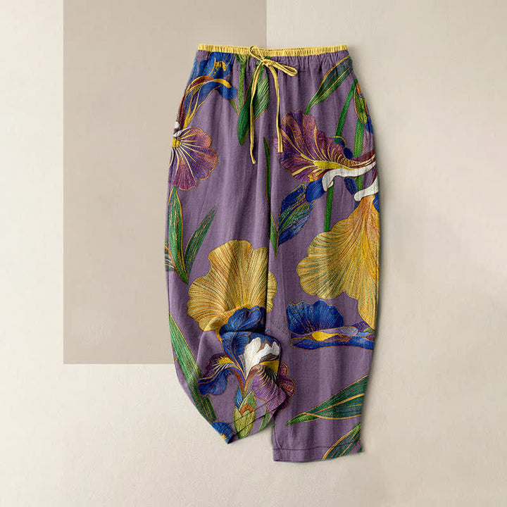 Buddha Stones Cotton Colorful Iris Floral Elastic Waist Drawstring Women's Pants With Pockets - MediumOrchid - US16，UK/AU20，EU48 (3XL) - image 5