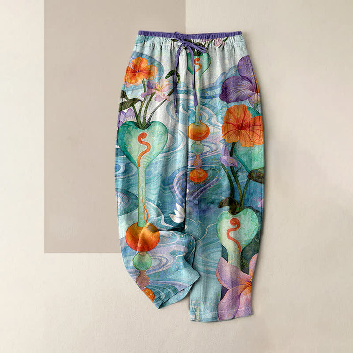 Buddha Stones Flower Pattern Drawstring Elastic Waist Women's Cotton Pants With Pockets - MediumTurquoise - US16，UK/AU20，EU48 (3XL) - image 0