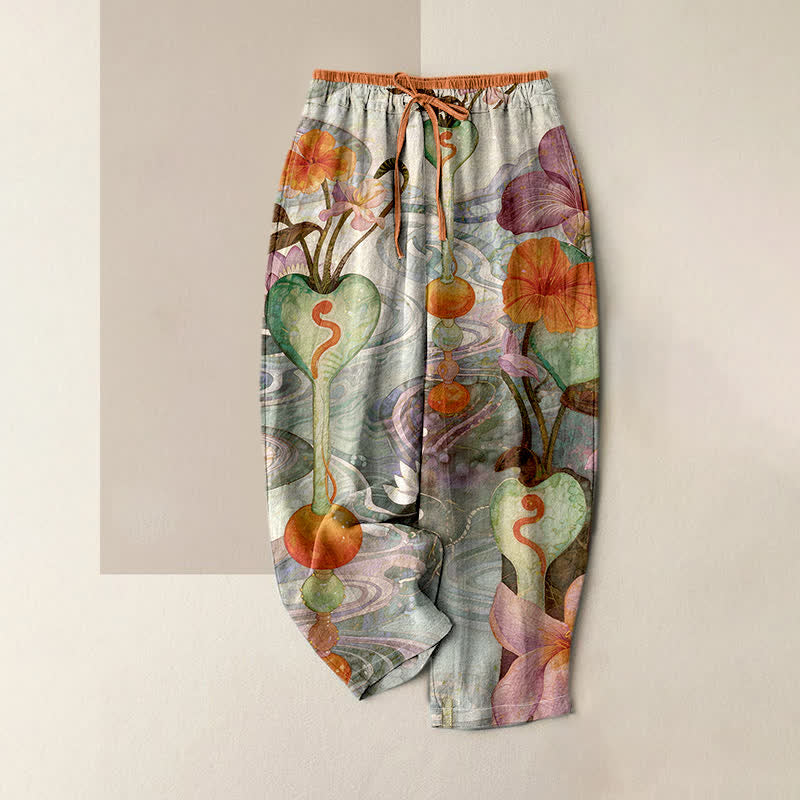 Buddha Stones Flower Pattern Drawstring Elastic Waist Women's Cotton Pants With Pockets - DarkSeaGreen - US16，UK/AU20，EU48 (3XL) - image 3