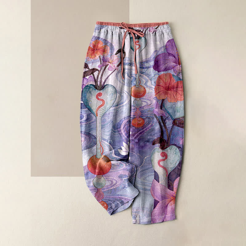 Buddha Stones Flower Pattern Drawstring Elastic Waist Women's Cotton Pants With Pockets - MediumOrchid - US16，UK/AU20，EU48 (3XL) - image 4