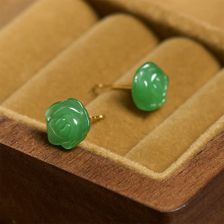 Buddha Stones 925 Sterling Silver Green Chalcedony Rose Strength Courage Earrings  - image 1