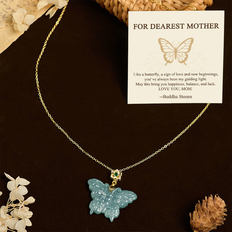 Buddha Stones "FOR DEAREST MOTHER" Jade Butterfly Abundance Necklace Pendants Includes Gift Message Card - Jade - Standard Gift Box - image 0