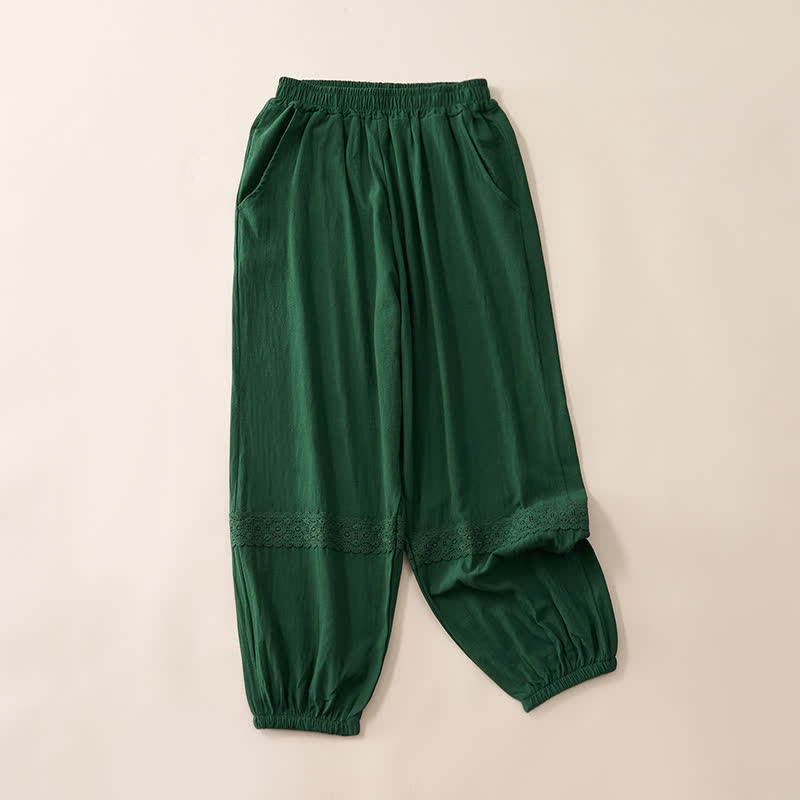 Buddha Stones Summer Retro Lace Patchwork Desgin High Waist Women's Tapered Capri Pants With Pockets - DarkGreen - US12，UK/AU16，EU44 (3XL) - image 7