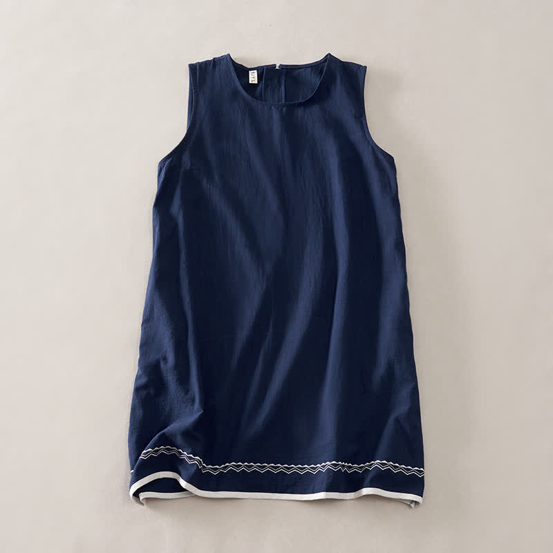 Buddha Stones Summer Embroidery Hem Back Zipper Design Sleeveless Solid Color Mini Dress With Pockets - Navy - US12，UK/AU16，EU44 (2XL) - image 0