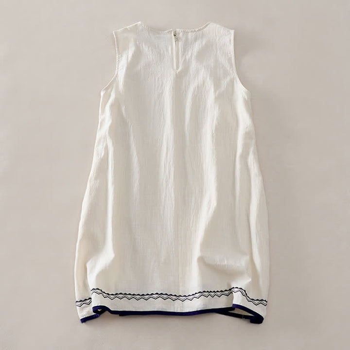 Buddha Stones Summer Embroidery Hem Back Zipper Design Sleeveless Solid Color Mini Dress With Pockets - image 9