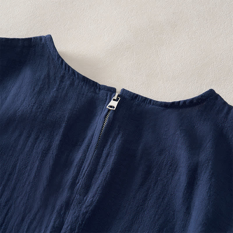 Buddha Stones Summer Embroidery Hem Back Zipper Design Sleeveless Solid Color Mini Dress With Pockets - image 3