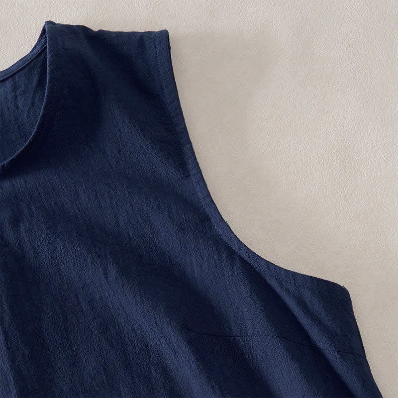 Buddha Stones Summer Embroidery Hem Back Zipper Design Sleeveless Solid Color Mini Dress With Pockets - image 4