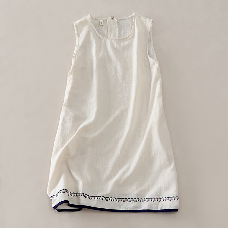 Buddha Stones Summer Embroidery Hem Back Zipper Design Sleeveless Solid Color Mini Dress With Pockets - FloralWhite - US12，UK/AU16，EU44 (2XL) - image 8