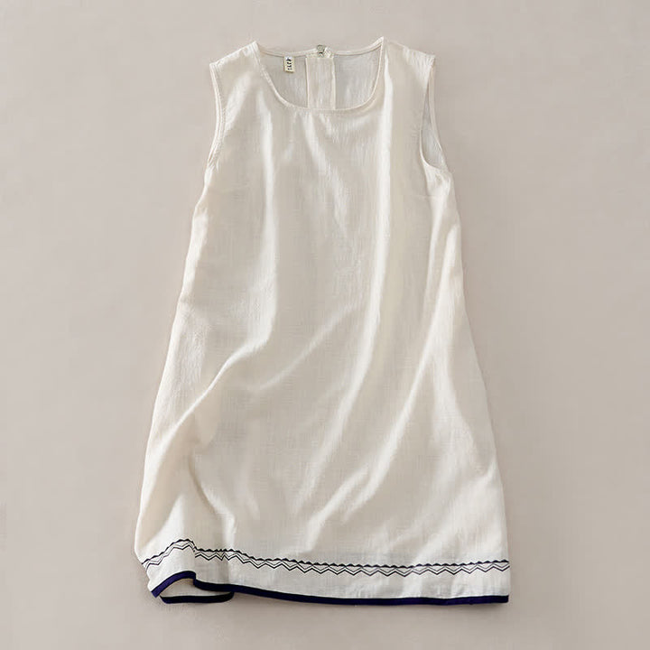 Buddha Stones Summer Embroidery Hem Back Zipper Design Sleeveless Solid Color Mini Dress With Pockets - FloralWhite - US12，UK/AU16，EU44 (2XL) - image 8