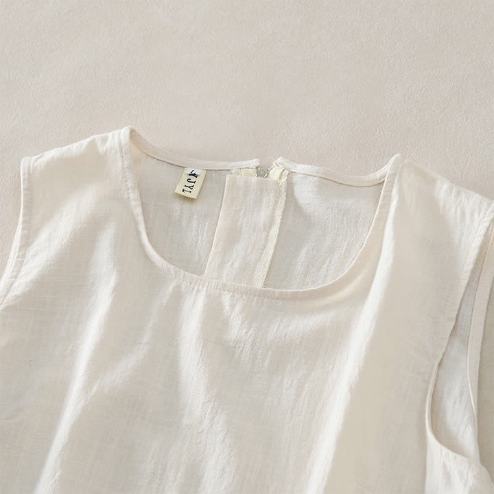 Buddha Stones Summer Embroidery Hem Back Zipper Design Sleeveless Solid Color Mini Dress With Pockets - image 10