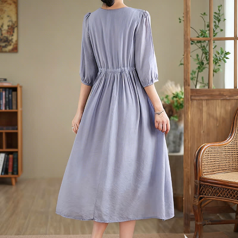 Buddha Stones Spring Floral Embroidery V Neck Tie Waist Elbow-Length Sleeve Women's Dress With Pockets - image 2
