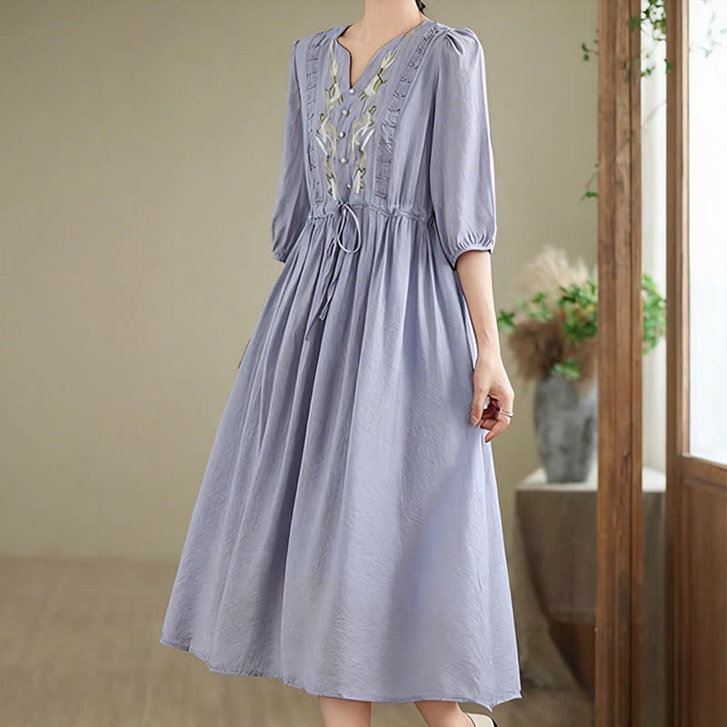 Buddha Stones Spring Floral Embroidery V Neck Tie Waist Elbow-Length Sleeve Women's Dress With Pockets - image 4