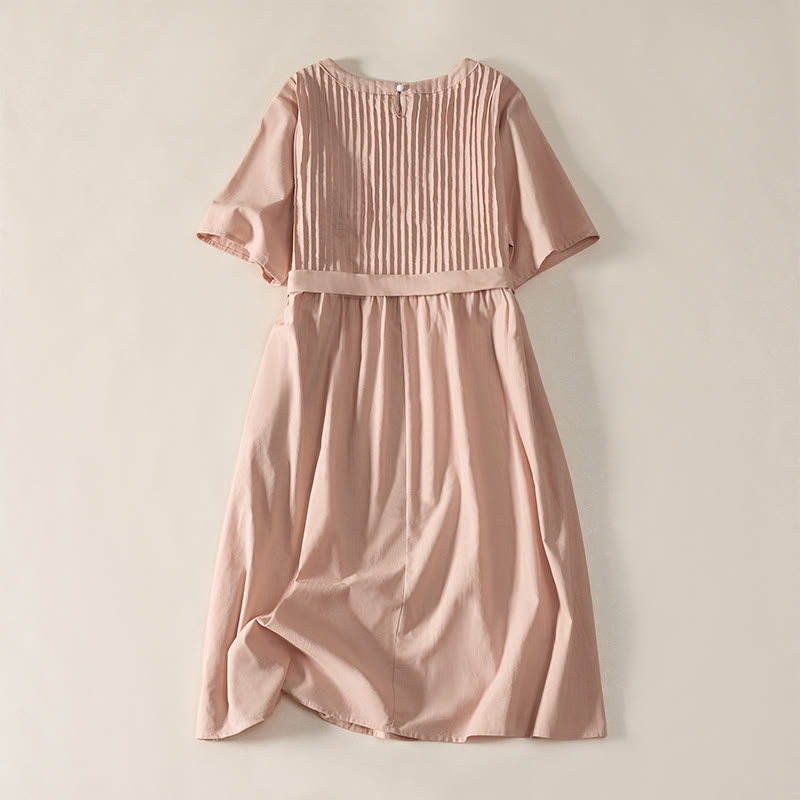 Buddha Stones Summer Pintuck A Line Knee Length Women's Short Sleeve Dress With Tie Waist Bow - image 1