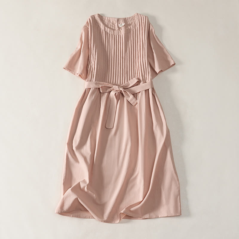 Buddha Stones Summer Pintuck A Line Knee Length Women's Short Sleeve Dress With Tie Waist Bow - LightPink - US12，UK/AU16，EU44 (2XL) - image 0