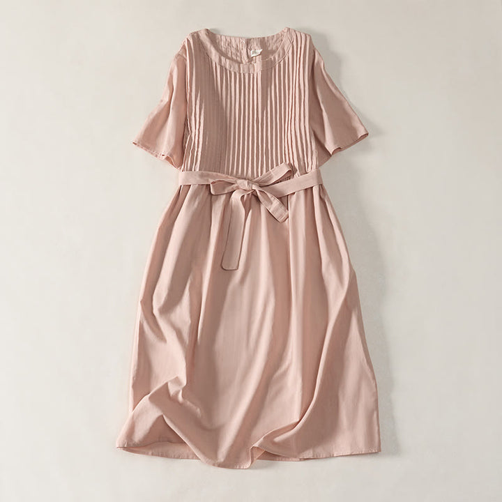 Buddha Stones Summer Pintuck A Line Knee Length Women's Short Sleeve Dress With Tie Waist Bow - LightPink - US12，UK/AU16，EU44 (2XL) - image 0