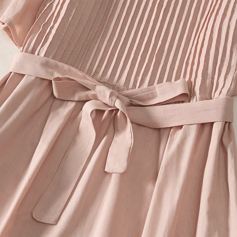 Buddha Stones Summer Pintuck A Line Knee Length Women's Short Sleeve Dress With Tie Waist Bow - image 4