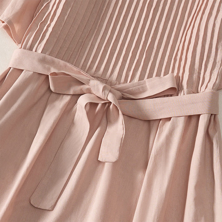 Buddha Stones Summer Pintuck A Line Knee Length Women's Short Sleeve Dress With Tie Waist Bow - image 4