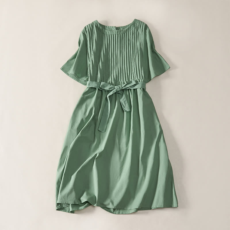 Buddha Stones Summer Pintuck A Line Knee Length Women's Short Sleeve Dress With Tie Waist Bow - image 9