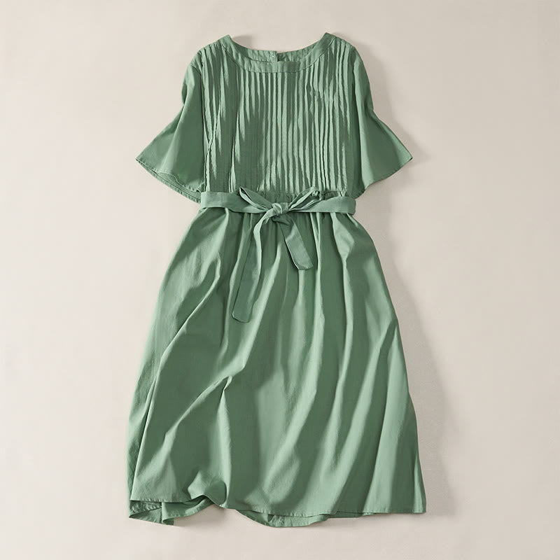 Buddha Stones Summer Pintuck A Line Knee Length Women's Short Sleeve Dress With Tie Waist Bow - DarkSeaGreen - US12，UK/AU16，EU44 (2XL) - image 8